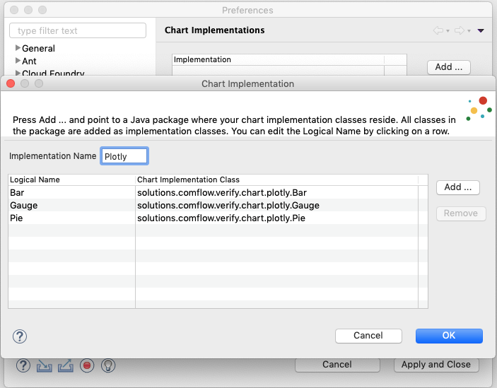 Screenshot of Chart Implementation Dialog with Classes