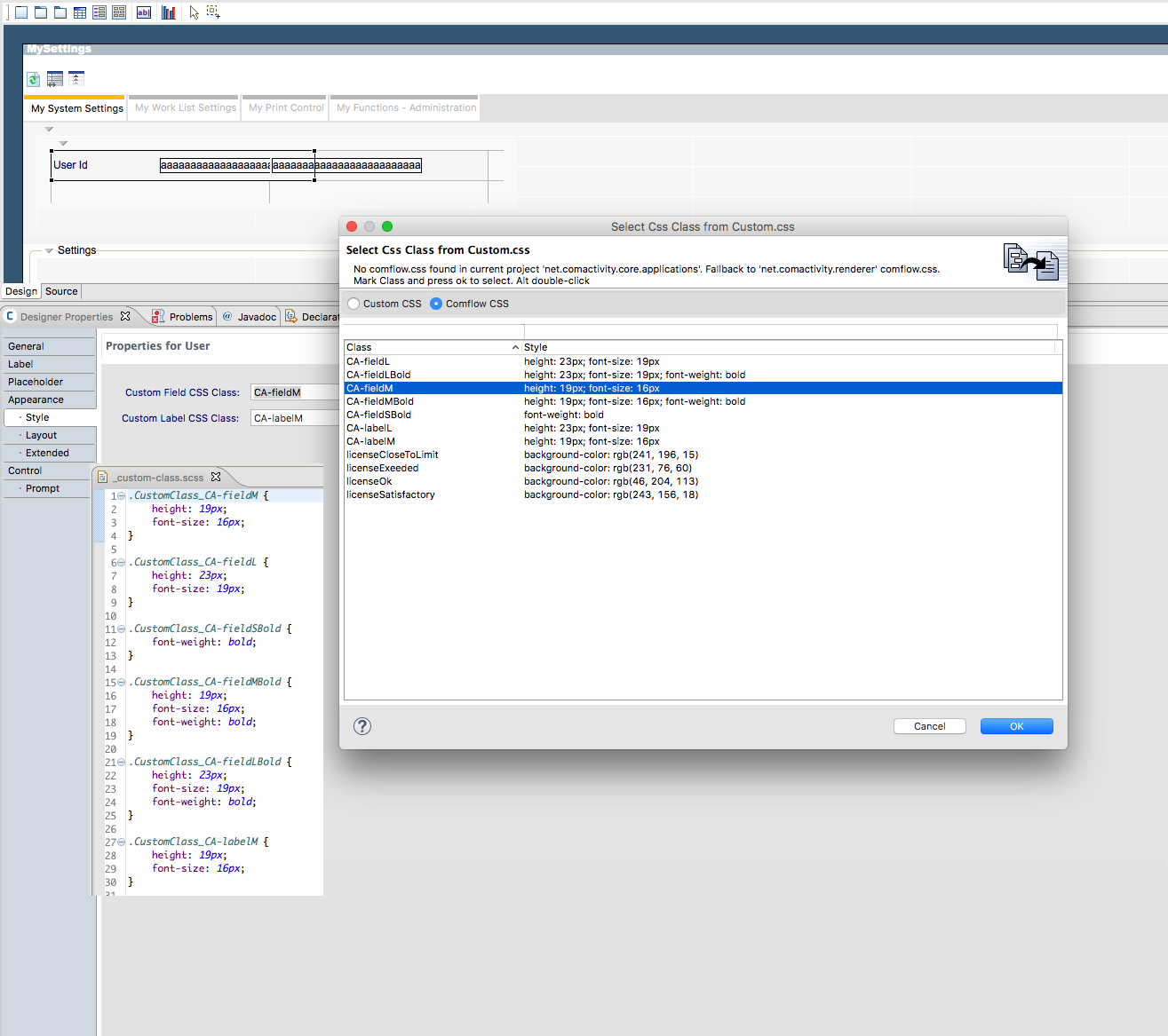 Screenshot of Comflow custom-class.scss styling in studio