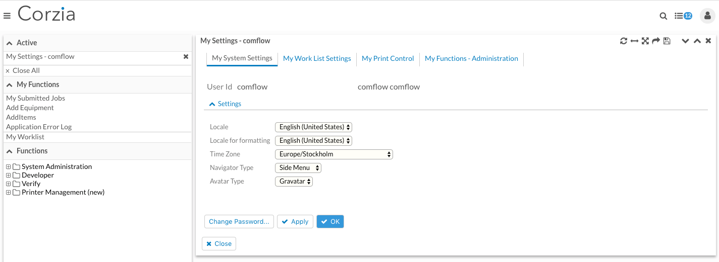 Screenshot of my functions side menu