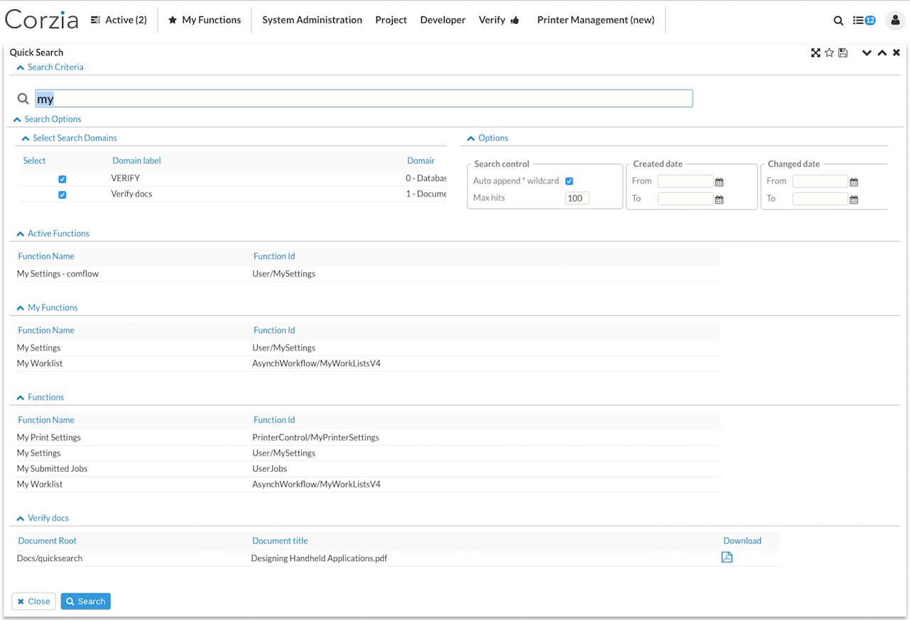Screenshot of quick search result portlet